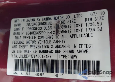 2010 Honda Cr-V Ex-L from USA, damaged, VIN JHLRE4H71AC013487